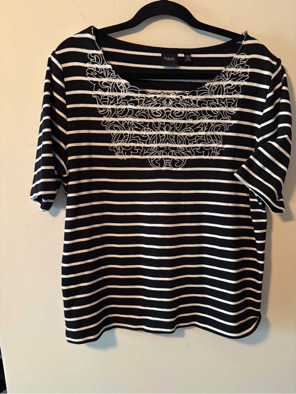 Rafaella Black and White Knit Striped Embroidered Scoop Neck Top Plus Sz XXL